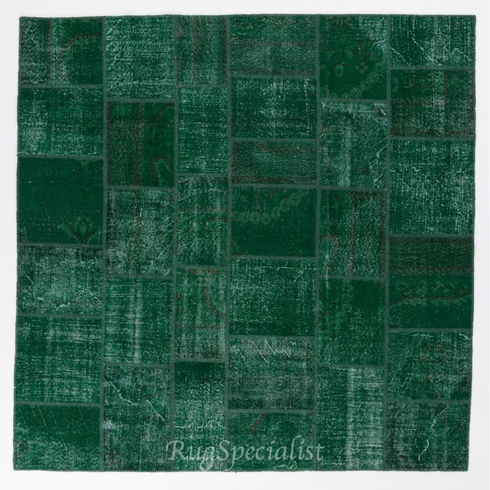 Handmade Patchwork Rug in Forest Green Colors, Hand Knotted Modern Wool and Cotton Carpet from Turkey