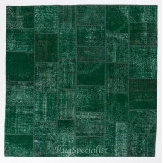 Handmade Patchwork Rug in Forest Green Colors, Hand Knotted Modern Wool and Cotton Carpet from Turkey