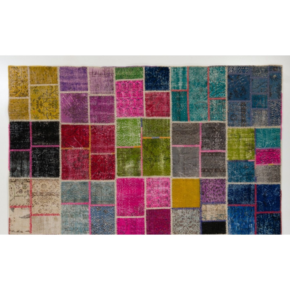 Colorful Handmade Patchwork Rug. Modern Bohemian Eclectic Turkish Wool Carpet