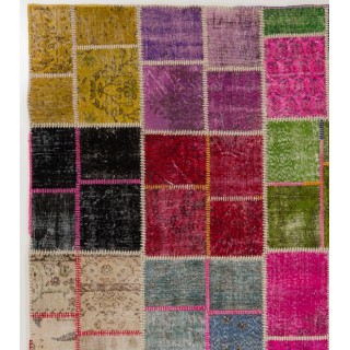 Vibrant Colorful Contemporary Patchwork Rug | Hand-Knotted Turkish Wool Carpet for Bohemian Living Room, Dining Room and Bedroom
