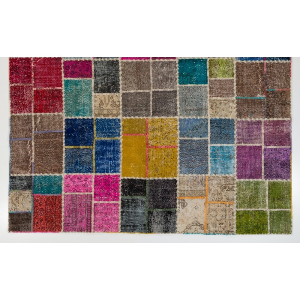 Colorful Handmade Patchwork Rug. Modern Bohemian Eclectic Turkish Wool Carpet