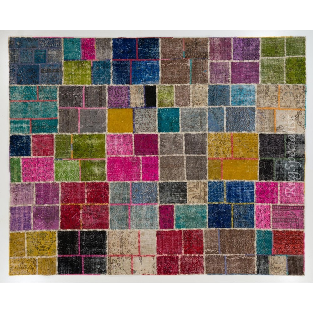Colorful Handmade Patchwork Rug. Modern Bohemian Eclectic Turkish Wool Carpet