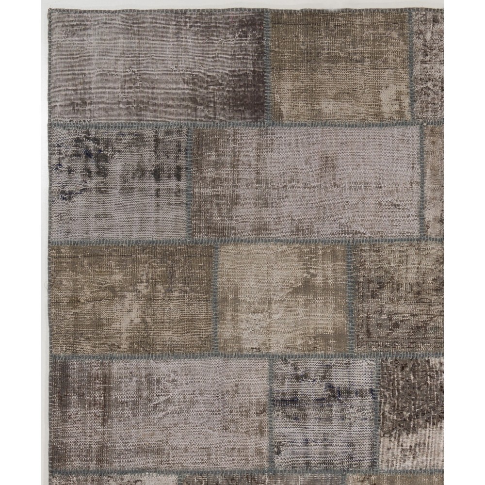 Distressed Vintage Gray Wool Patchwork Rug | Hand-Knotted Turkish Carpet for Living Room and Bedroom