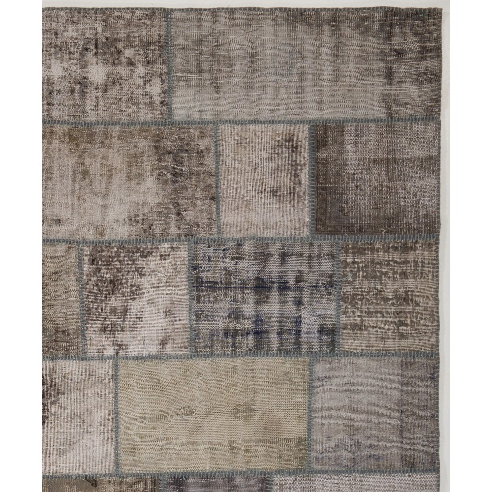 Distressed Vintage Gray Wool Patchwork Rug | Hand-Knotted Turkish Carpet for Living Room and Bedroom