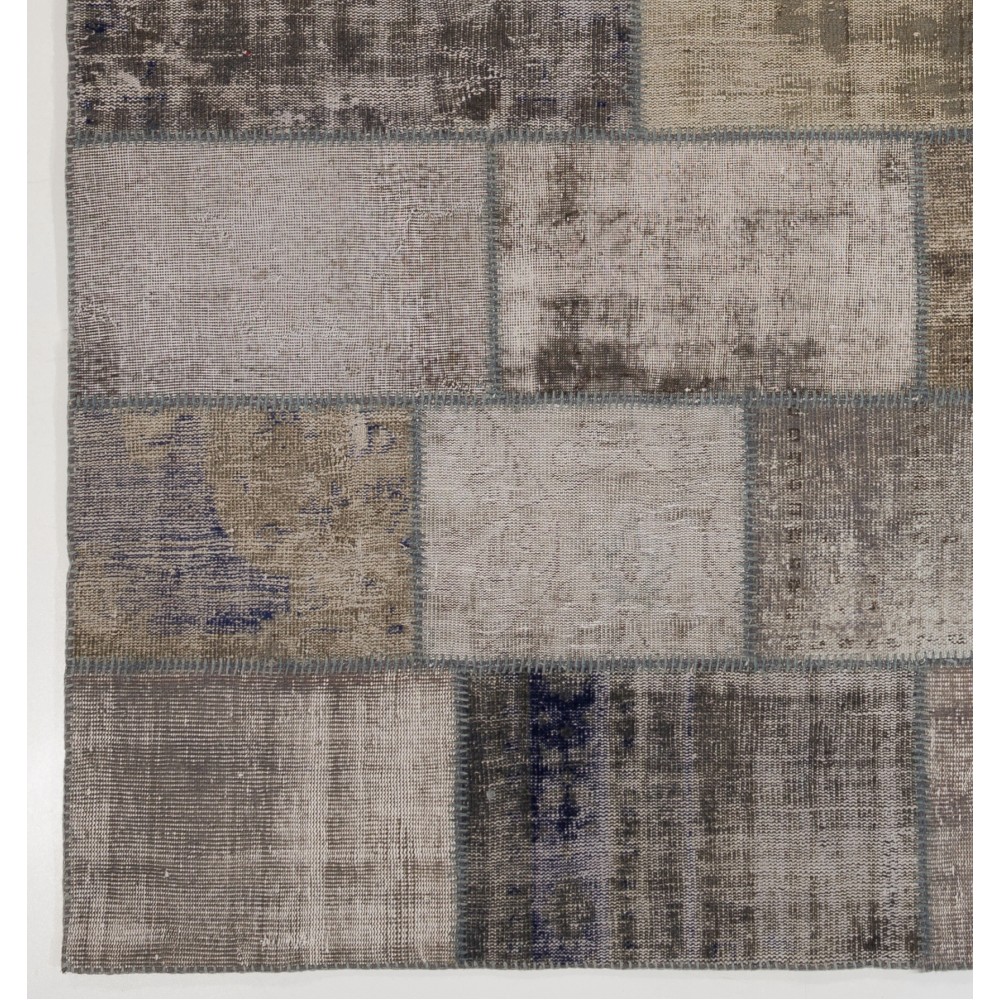 Distressed Vintage Gray Wool Patchwork Rug | Hand-Knotted Turkish Carpet for Living Room and Bedroom