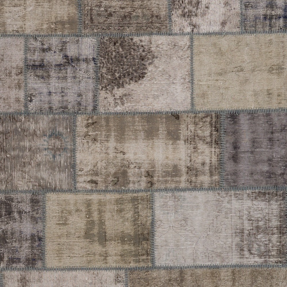 Distressed Vintage Gray Wool Patchwork Rug | Hand-Knotted Turkish Carpet for Living Room and Bedroom