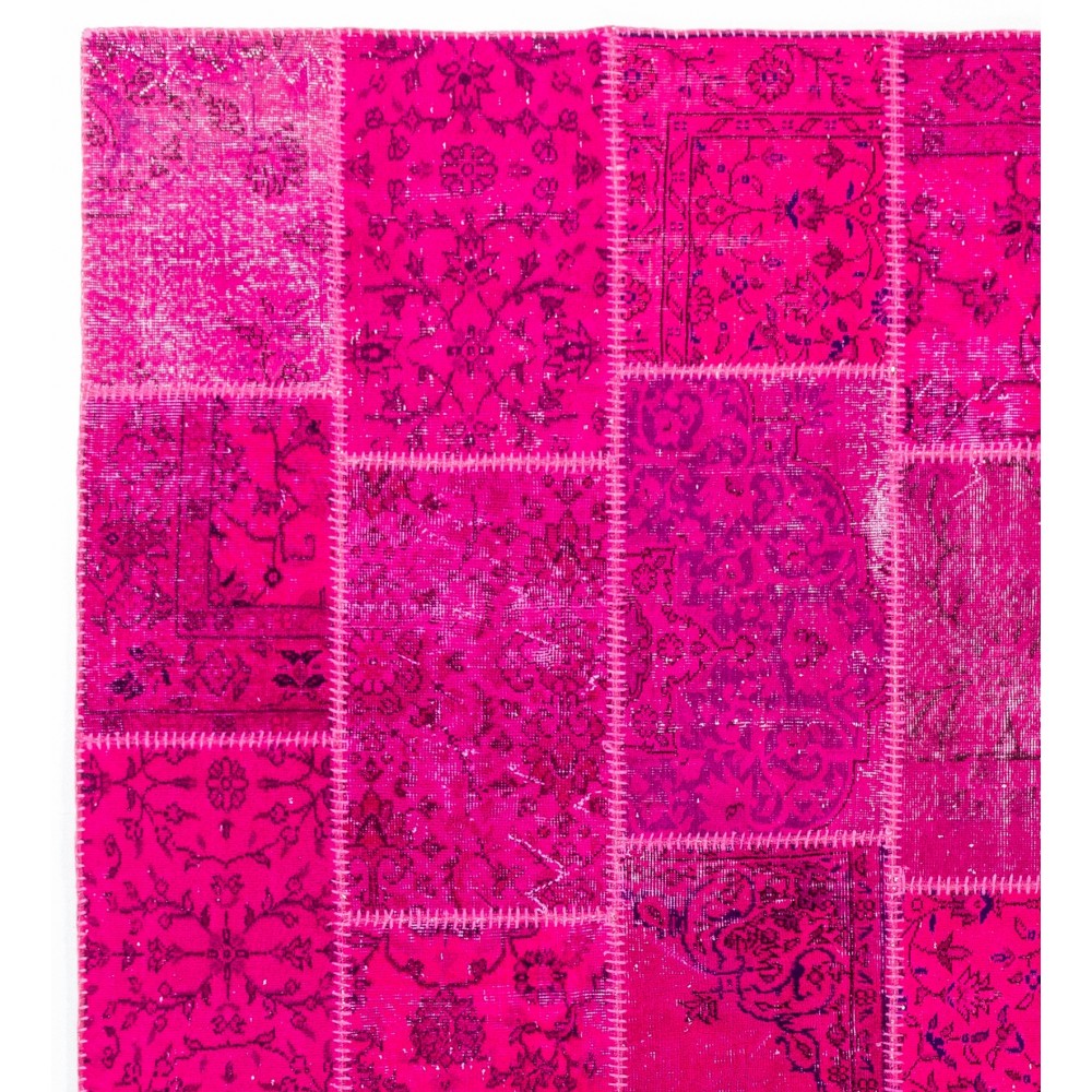 Hot Pink Patchwork Rug for Living Room, Bedroom and Dining Room | Contemporary Overdyed Handmade Turkish Wool Carpet Hot Pink Patchwork Rug for Living Room, Bedroom and Dining Room | Contemporary Overdyed Handmade Turkish Wool Carpet