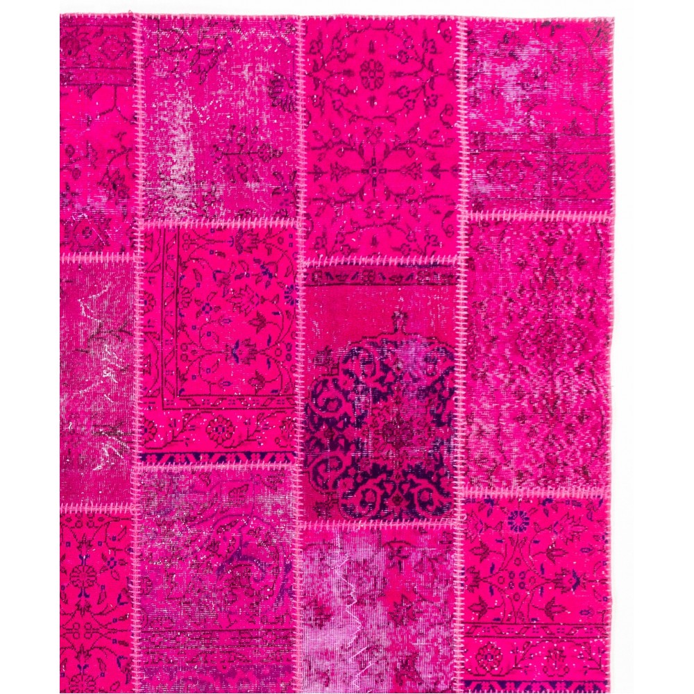 Hot Pink Patchwork Rug for Living Room, Bedroom and Dining Room | Contemporary Overdyed Handmade Turkish Wool Carpet Hot Pink Patchwork Rug for Living Room, Bedroom and Dining Room | Contemporary Overdyed Handmade Turkish Wool Carpet