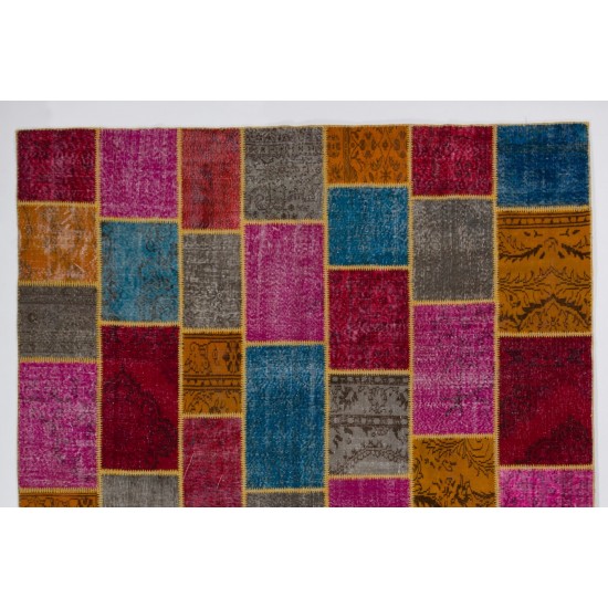 Vivid Colorful Handmade Contemporary Turkish Patchwork Rug. Bright Colors Home Decor Carpet with Bohemian Style