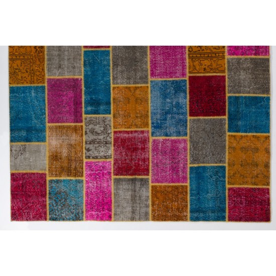 Vivid Colorful Handmade Contemporary Turkish Patchwork Rug. Bright Colors Home Decor Carpet with Bohemian Style