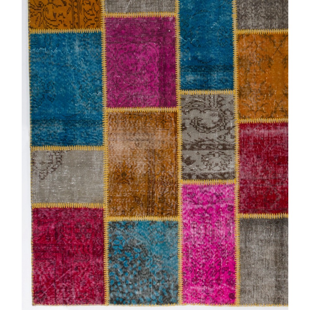 Hand-Knotted Multicolored Overdyed Patchwork Rug | Contemporary Turkish Wool Carpet