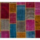 Vivid Colorful Handmade Contemporary Turkish Patchwork Rug. Bright Colors Home Decor Carpet with Bohemian Style