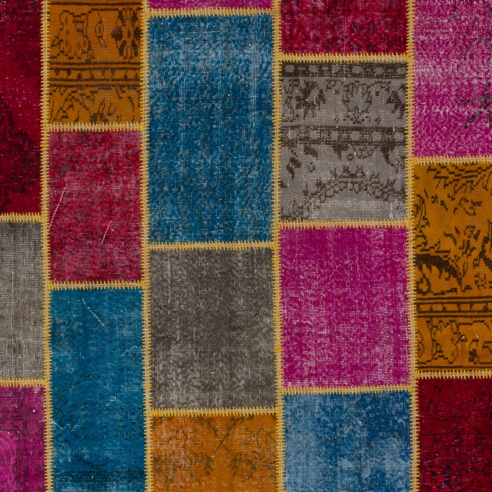 Hand-Knotted Multicolored Overdyed Patchwork Rug | Contemporary Turkish Wool Carpet