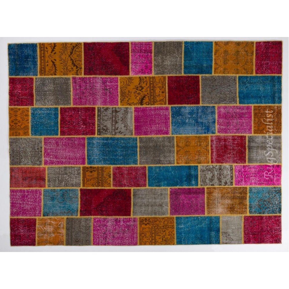 Vivid Colorful Handmade Contemporary Turkish Patchwork Rug. Bright Colors Home Decor Carpet with Bohemian Style