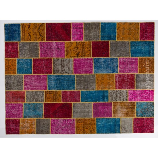 Vivid Colorful Handmade Contemporary Turkish Patchwork Rug. Bright Colors Home Decor Carpet with Bohemian Style