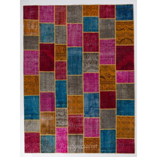 Vivid Colorful Handmade Contemporary Turkish Patchwork Rug. Bright Colors Home Decor Carpet with Bohemian Style