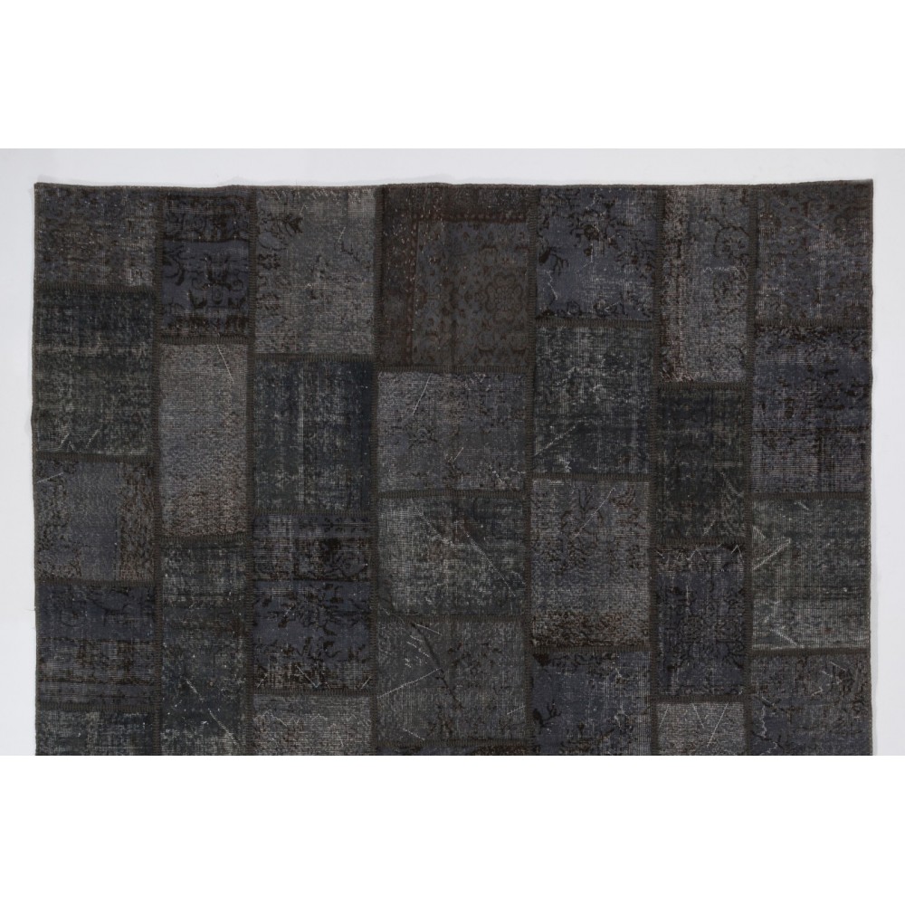 Contemporary Handmade Patchwork Rug in Shades of Black and Gray, Modern Turkish Carpet, Woolen Floor Covering