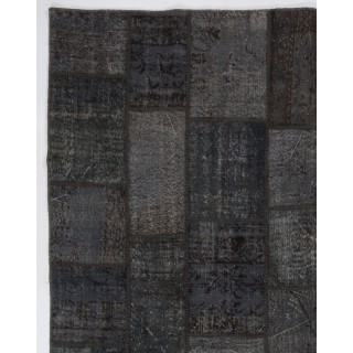 Hand-Knotted Dark Gray Patchwork Rug | Modern Overdyed Turkish Wool Carpet for Living Room, Dining Room and Bedroom