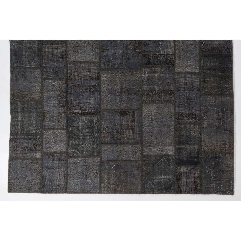 Contemporary Handmade Patchwork Rug in Shades of Black and Gray, Modern Turkish Carpet, Woolen Floor Covering