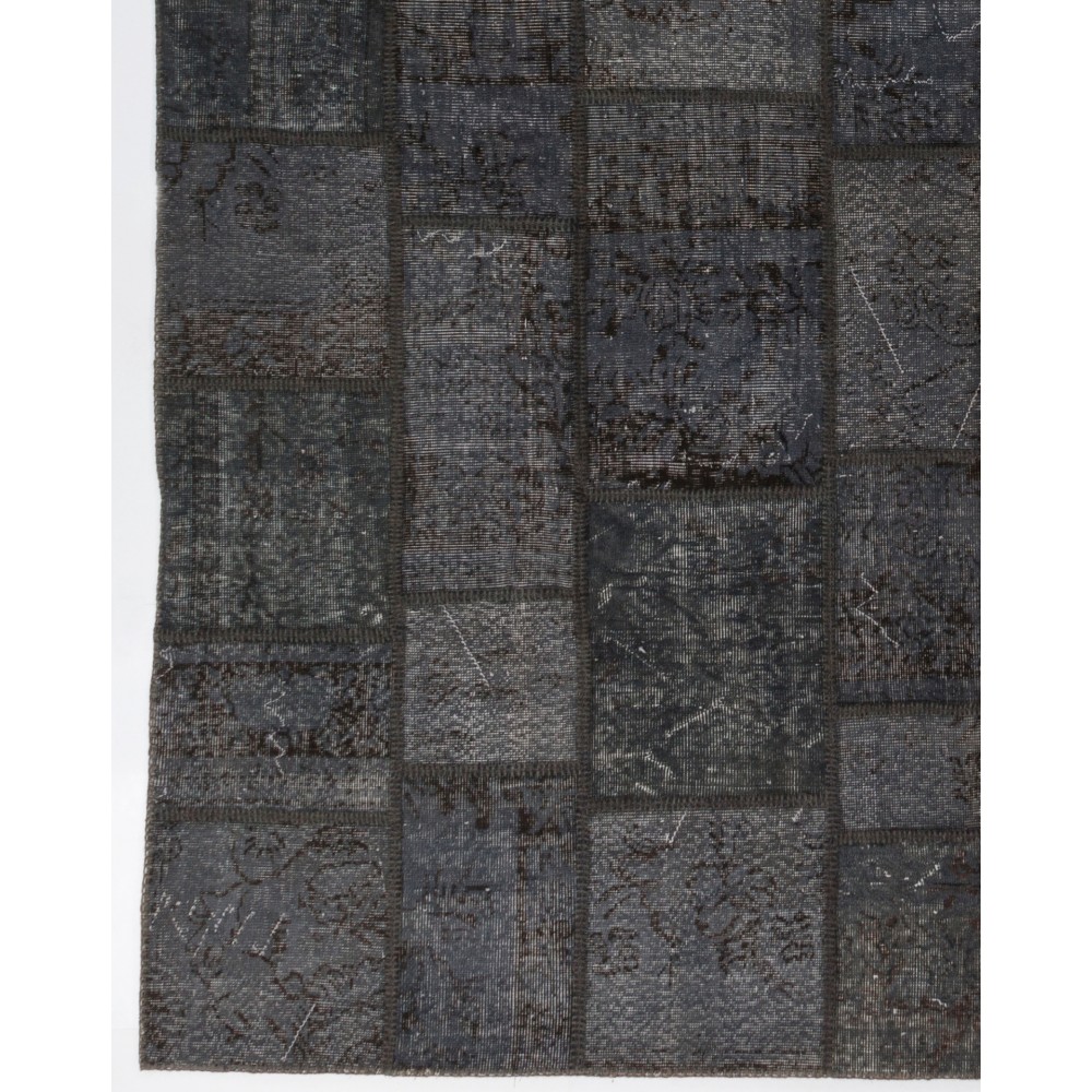 Hand-Knotted Dark Gray Patchwork Rug | Modern Overdyed Turkish Wool Carpet for Living Room, Dining Room and Bedroom Hand-Knotted Dark Gray Patchwork Rug | Modern Overdyed Turkish Wool Carpet for Living Room, Dining Room and Bedroom