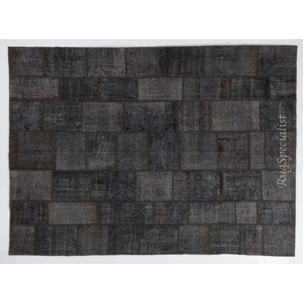 Contemporary Handmade Patchwork Rug in Shades of Black and Gray, Modern Turkish Carpet, Woolen Floor Covering