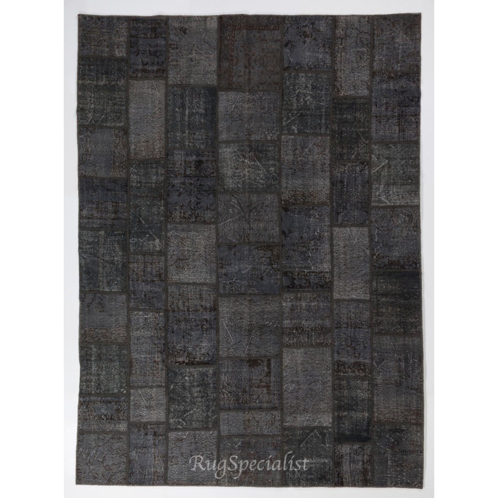 Contemporary Handmade Patchwork Rug in Shades of Black and Gray, Modern Turkish Carpet, Woolen Floor Covering