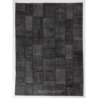 Contemporary Handmade Patchwork Rug in Shades of Black and Gray, Modern Turkish Carpet, Woolen Floor Covering
