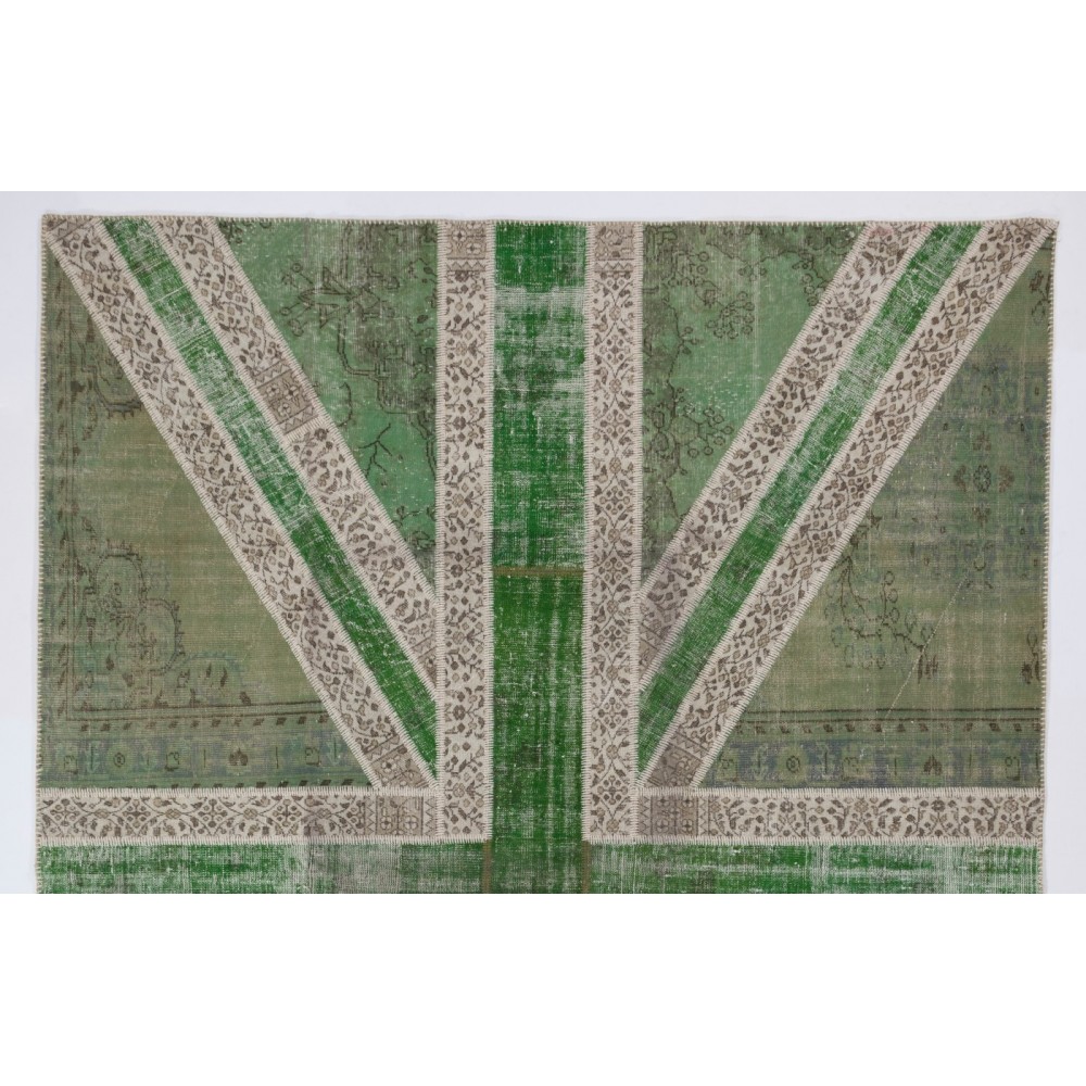 Union Jack British Flag Design Rug. Handmade Patchwork Rug in Light Green and Beige. United Kingdom Carpet for Modern Home & Office