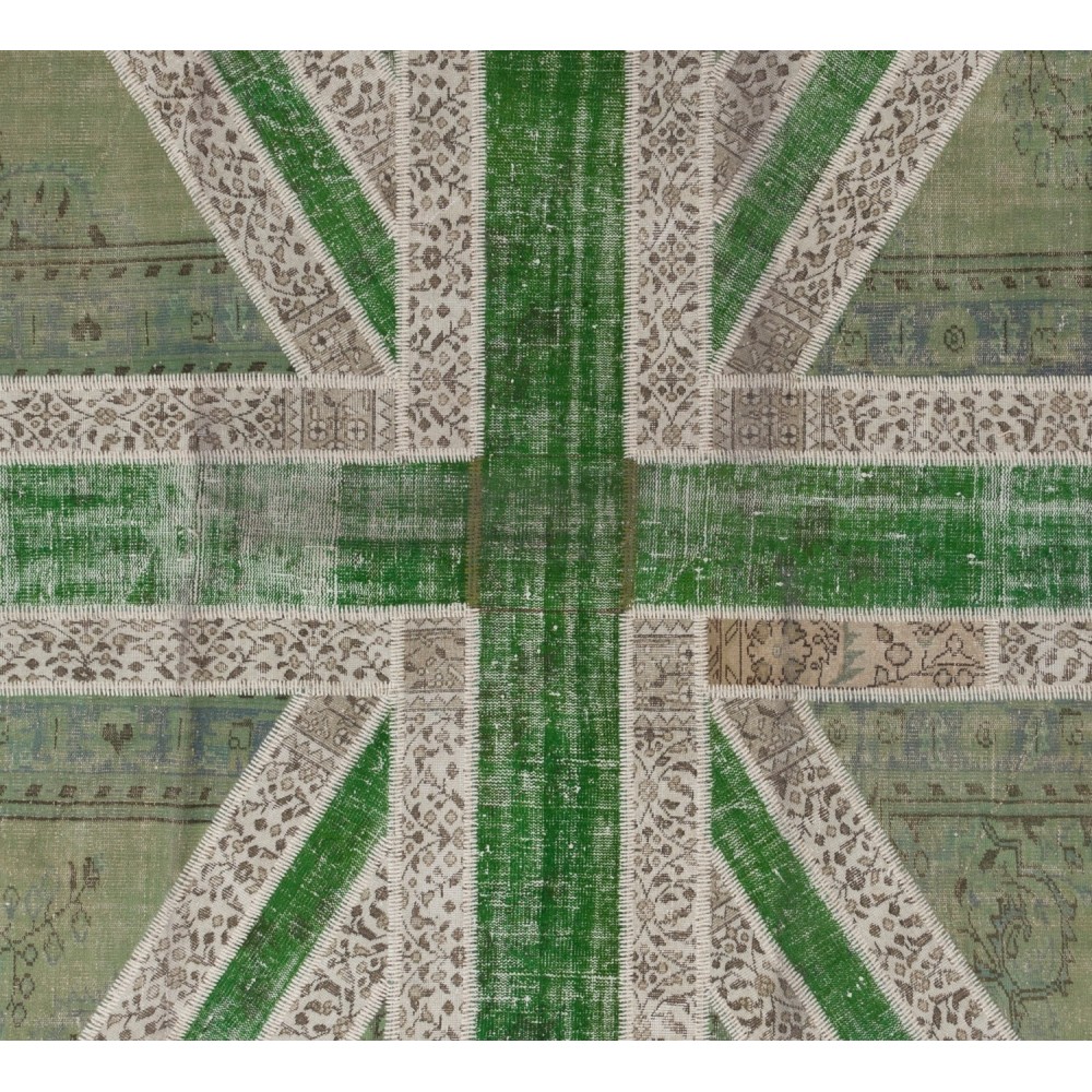 Union Jack British Flag Design Rug. Handmade Patchwork Rug in Light Green and Beige. United Kingdom Carpet for Modern Home & Office