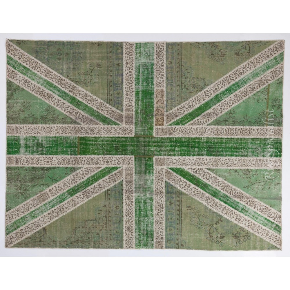 Union Jack British Flag Design Rug. Handmade Patchwork Rug in Light Green and Beige. United Kingdom Carpet for Modern Home & Office
