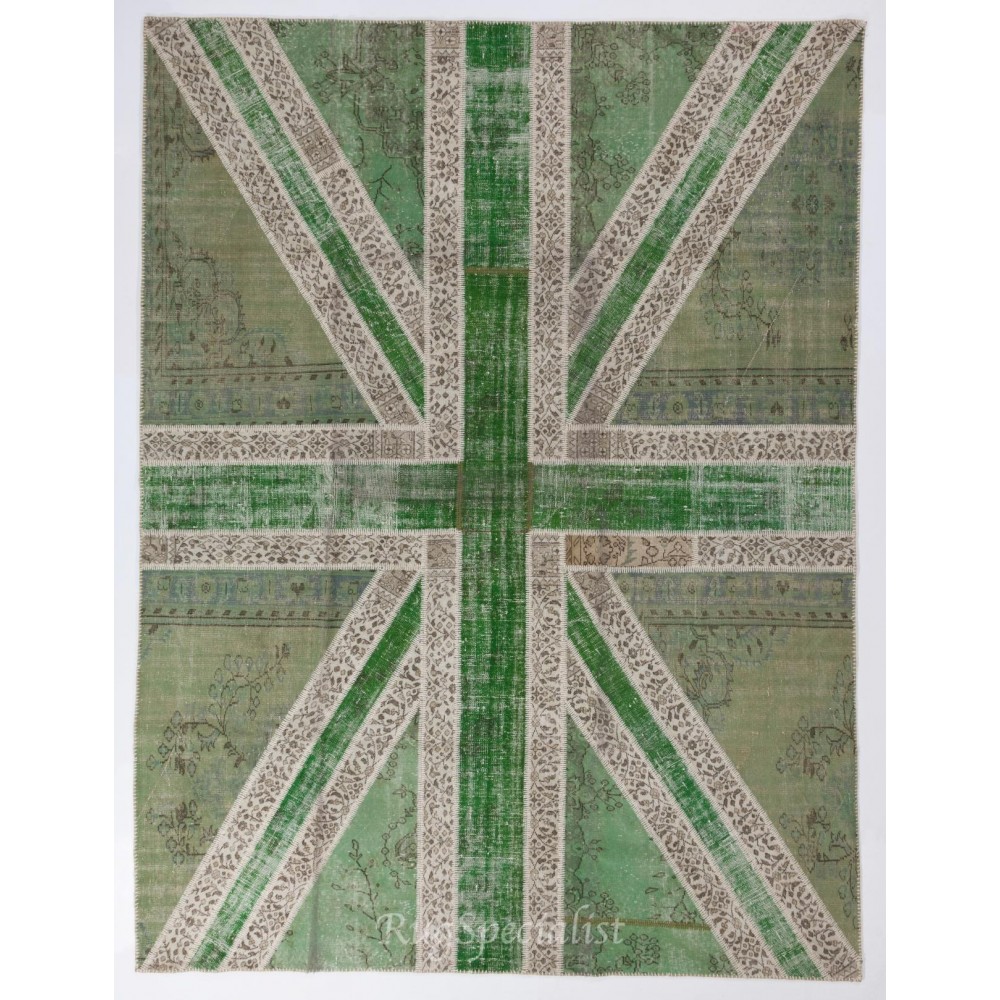 Union Jack British Flag Design Rug. Handmade Patchwork Rug in Light Green and Beige. United Kingdom Carpet for Modern Home & Office