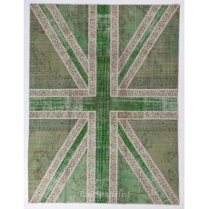 Union Jack British Flag Design Rug. Handmade Patchwork Rug in Light Green and Beige. United Kingdom Carpet for Modern Home & Office