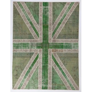 Union Jack British Flag Design Rug. Handmade Patchwork Rug in Light Green and Beige. United Kingdom Carpet for Modern Home & Office