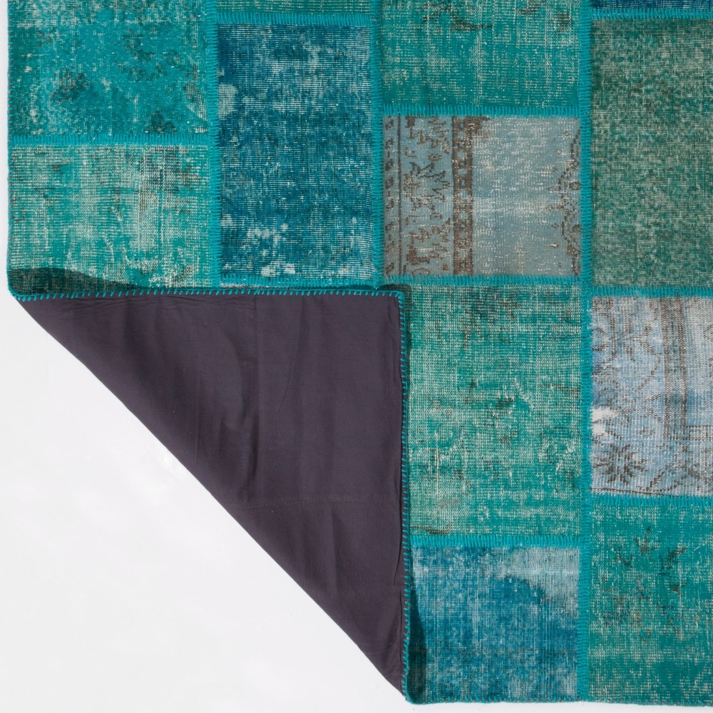 Hand-Knotted Teal Blue Patchwork Rug | Contemporary Overdyed Turkish Wool Carpet for Living Room, Bedroom and Dining Room
