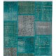 Hand-Knotted Teal Blue Patchwork Rug | Contemporary Overdyed Turkish Wool Carpet for Living Room, Bedroom and Dining Room