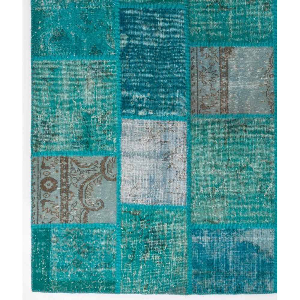 Hand-Knotted Teal Blue Patchwork Rug | Contemporary Overdyed Turkish Wool Carpet for Living Room, Bedroom and Dining Room