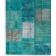 Hand-Knotted Teal Blue Patchwork Rug | Contemporary Overdyed Turkish Wool Carpet for Living Room, Bedroom and Dining Room