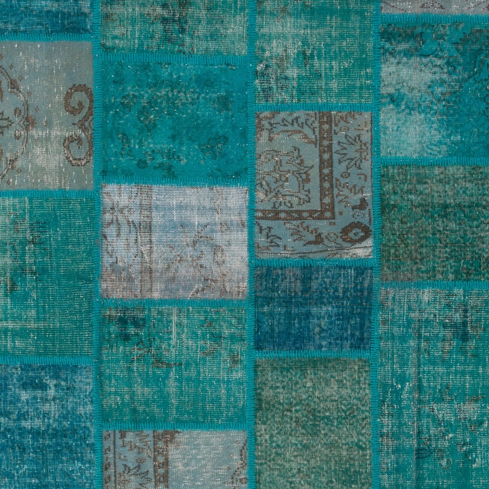 Hand-Knotted Teal Blue Patchwork Rug | Contemporary Overdyed Turkish Wool Carpet for Living Room, Bedroom and Dining Room