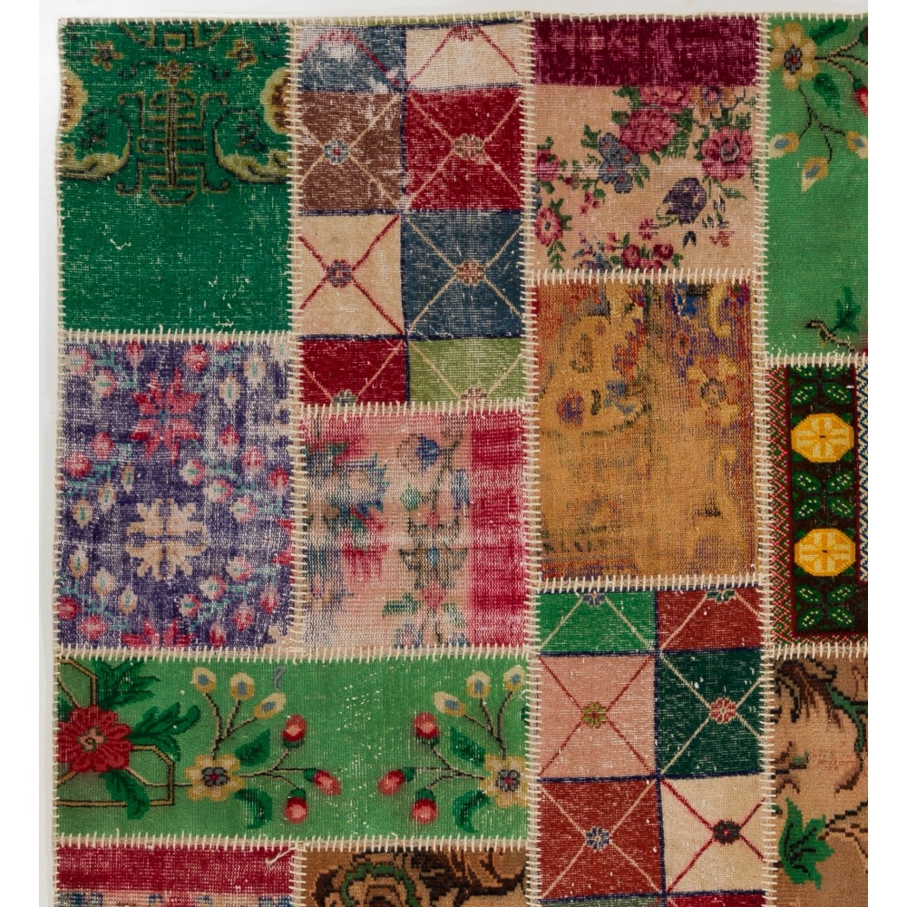 Colorful Vintage Patchwork Rug | Hand-Knotted Green, Red and Pink Turkish Carpet for Modern Living Room Colorful Vintage Patchwork Rug | Hand-Knotted Green, Red and Pink Turkish Carpet for Modern Living Room
