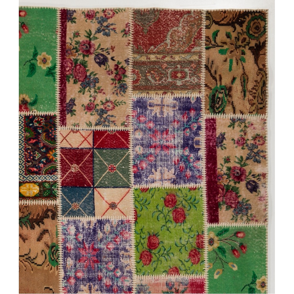 Colorful Vintage Patchwork Rug | Hand-Knotted Green, Red and Pink Turkish Carpet for Modern Living Room Colorful Vintage Patchwork Rug | Hand-Knotted Green, Red and Pink Turkish Carpet for Modern Living Room