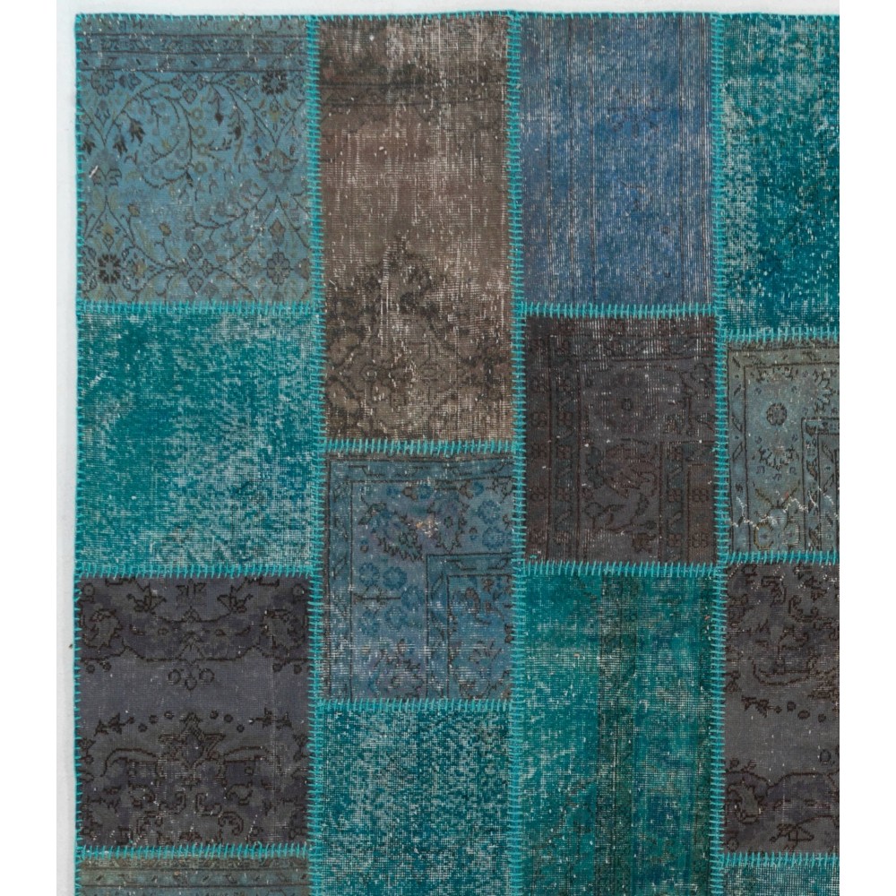 Hand-Knotted Teal Blue and Gray Patchwork Rug for Living Room, Bedroom and Dining Room | Contemporary Overdyed Turkish Wool Carpet Hand-Knotted Teal Blue and Gray Patchwork Rug for Living Room, Bedroom and Dining Room | Contemporary Overdyed Turkish Wool Carpet