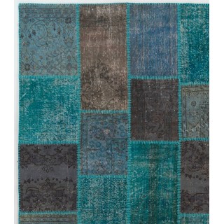 Hand-Knotted Teal Blue and Gray Patchwork Rug for Living Room, Bedroom and Dining Room | Contemporary Overdyed Turkish Wool Carpet