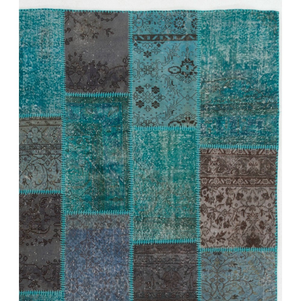 Hand-Knotted Teal Blue and Gray Patchwork Rug for Living Room, Bedroom and Dining Room | Contemporary Overdyed Turkish Wool Carpet Hand-Knotted Teal Blue and Gray Patchwork Rug for Living Room, Bedroom and Dining Room | Contemporary Overdyed Turkish Wool Carpet
