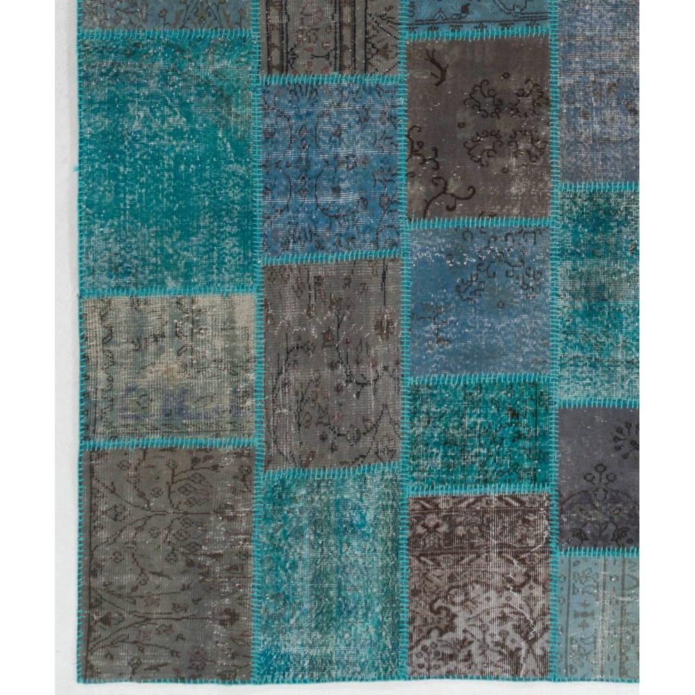 Hand-Knotted Teal Blue and Gray Patchwork Rug for Living Room, Bedroom and Dining Room | Contemporary Overdyed Turkish Wool Carpet Hand-Knotted Teal Blue and Gray Patchwork Rug for Living Room, Bedroom and Dining Room | Contemporary Overdyed Turkish Wool Carpet