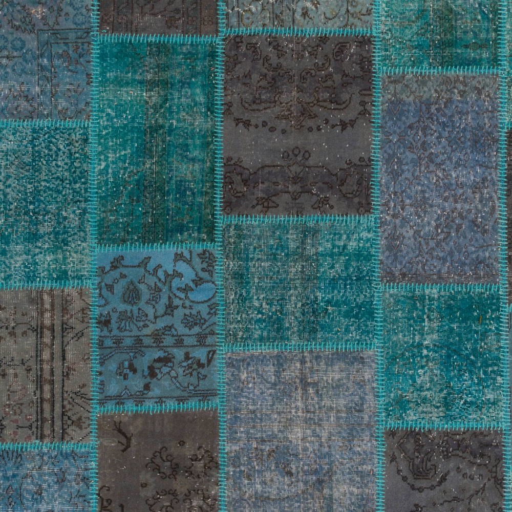 Hand-Knotted Teal Blue and Gray Patchwork Rug for Living Room, Bedroom and Dining Room | Contemporary Overdyed Turkish Wool Carpet Hand-Knotted Teal Blue and Gray Patchwork Rug for Living Room, Bedroom and Dining Room | Contemporary Overdyed Turkish Wool Carpet