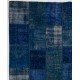 Handmade Blue Patchwork Rug | Modern Overdyed Turkish Wool Carpet for Living Room, Bedroom and Kitchen Handmade Blue Patchwork Rug | Modern Overdyed Turkish Wool Carpet for Living Room, Bedroom and Kitchen