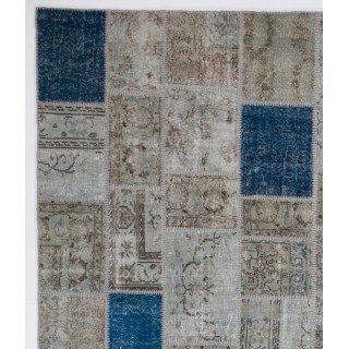 Handmade Blue and Gray Patchwork Rug | Modern Overdyed Turkish Wool Carpet for Living Room, Bedroom and Kitchen Handmade Blue and Gray Patchwork Rug | Modern Overdyed Turkish Wool Carpet for Living Room, Bedroom and Kitchen