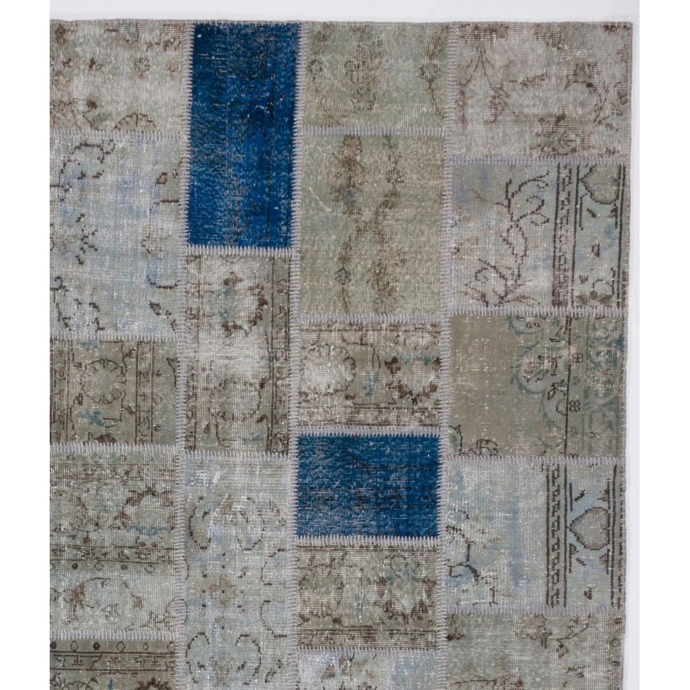 Handmade Blue and Gray Patchwork Rug | Modern Overdyed Turkish Wool Carpet for Living Room, Bedroom and Kitchen