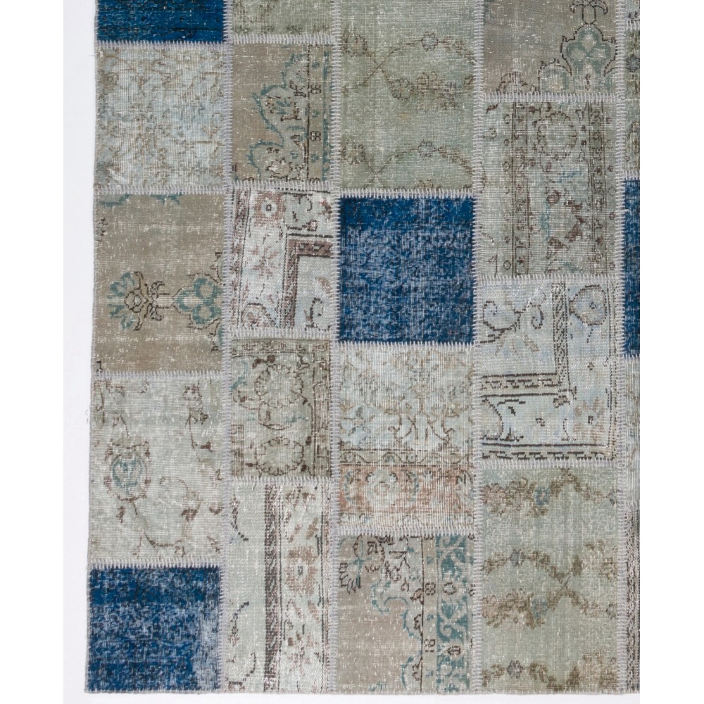 Handmade Blue and Gray Patchwork Rug | Modern Overdyed Turkish Wool Carpet for Living Room, Bedroom and Kitchen