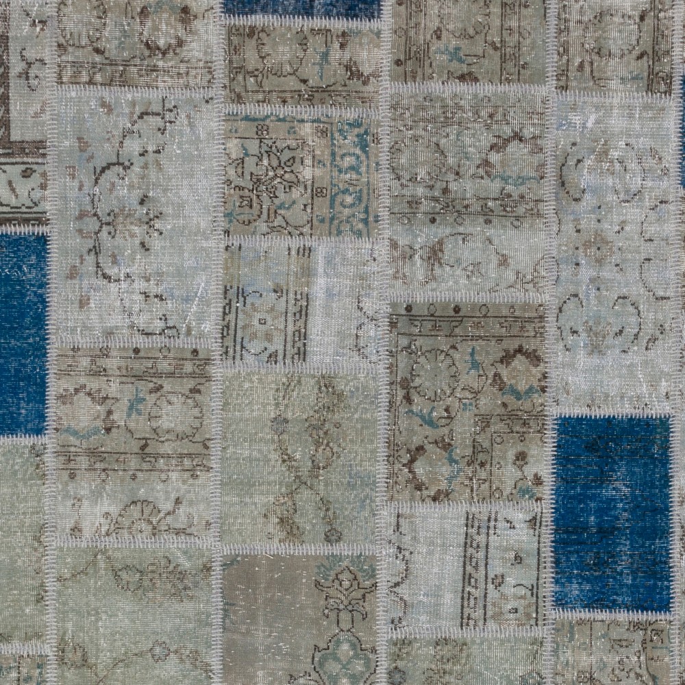 Handmade Blue and Gray Patchwork Rug | Modern Overdyed Turkish Wool Carpet for Living Room, Bedroom and Kitchen